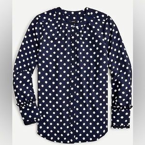 *Drapey band-collar shirt with ruffle cuffs in polka dot